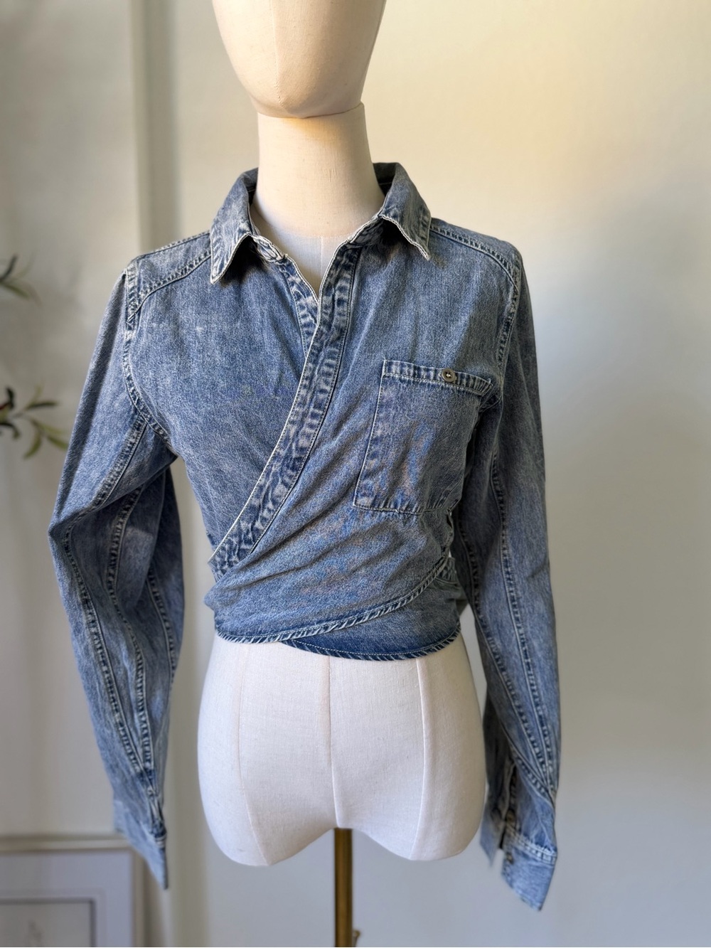 emory park Washed Blue Denim Wrap Crop Button-Up Top